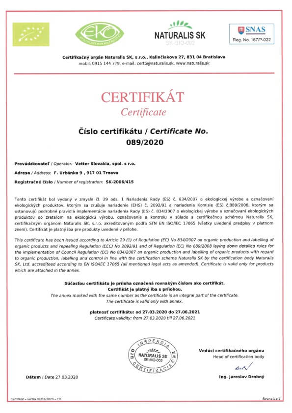 Eko Bio Certifikát Vetter Slovakia | FruTree